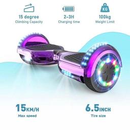 I have 4 of these available in different colours!

Purple Hoverboard With Bluetooth And LED Lights

Summary

HIGHEST SAFETY SYSTEM: For high demands and safe driving behavior for kids, the Mega Motion segway equipped with the safety system, including low battery indicator and warning signals.

POWERFUL PERFORMANCE: With 2 powerful motors, the segway could bring you to the destination with a maximum speed of 15 km per hour and a range of up to 15 km, depending on the condition of use.

LED INDICATOR & BLUETOOTH SPEAKER: 2 LED front lights for night driving, built in bluetooth speaker to allow you enjoy your favorite music while driving and it just connect a device with Bluetooth.

SPECIAL DESIGN & AUTO BALANCE: Unique pedal design, fashionable and non-slip, the upgraded segway is perfect for a safe stance to learn how to control quickly. Especially suitable
for children and beginners.