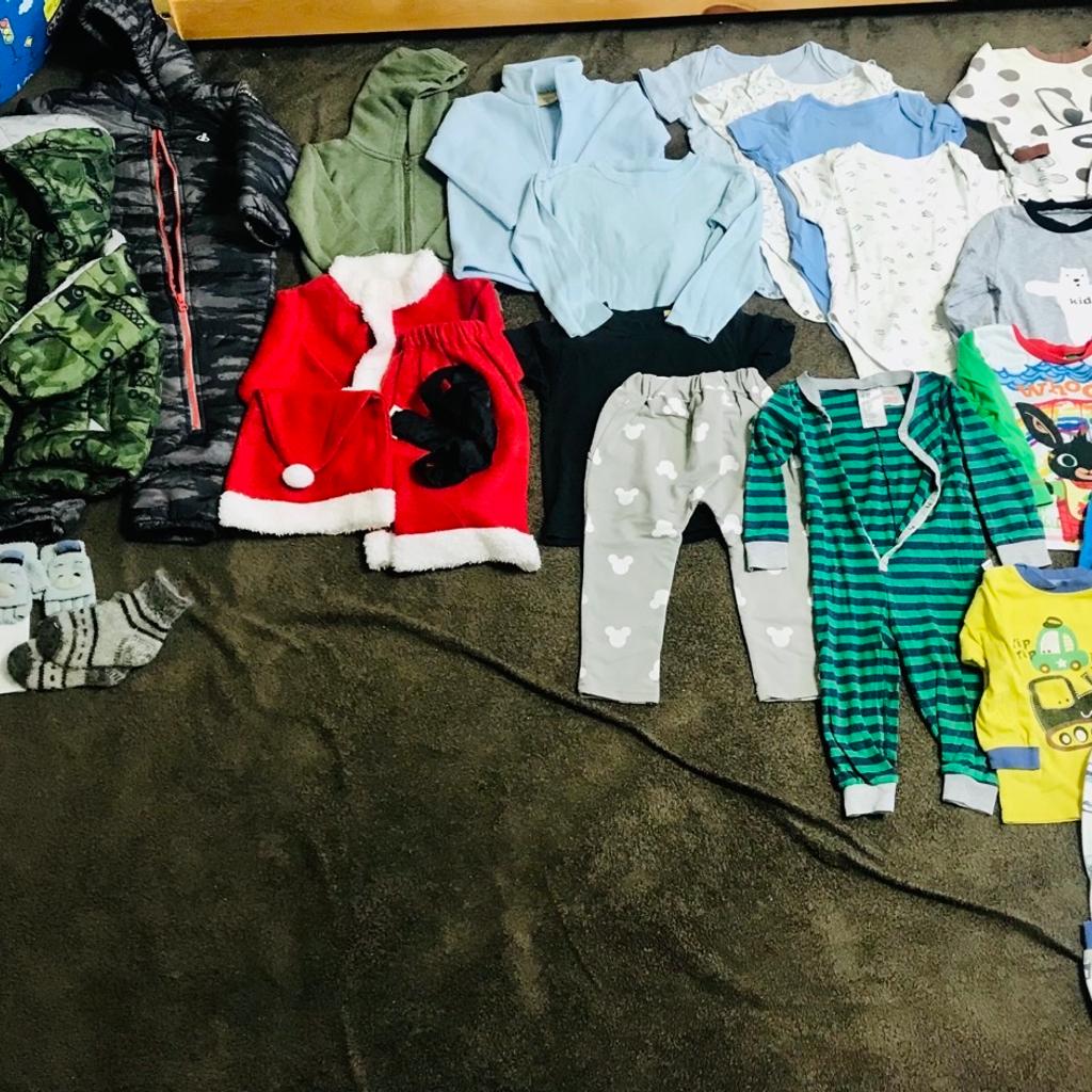 Huge 1-2 year old boy bundle worth hundreds of pounds in great condition- some items brand new, some only worn once. Mainly winter stuff. 1x Dare 2B snowsuit worn only a couple of times (cost £60), 1x Lindex green puffer winter jacket with excavators (cost £30), 1x hooded dressing gown, 1x Larkwood fleece jumper, 1x green lightweight jacket, 1x 4PCs Santa Christmas outfit work only once for Christmas photos (cost £20), 1x cotton beanie, 1x (1-4 year old) gloves, 1x NEW (1-3 year old) woollen winter Pom Pom hat- GONE, 1x (1-3 year old) organic wool warm winter socks (barely worn), 1x (UK size 5/ EU 24) insole 14,5cm/ 5.7” - soft bottom sandals- GONE, 1x light blue long sleeve top, 1x green long footless all-in-one from (H&M), 1x T-shirt, 1x long trousers (worn only a couple of times), 4x short baby grows from Primark and 4x 2PCs pyjamas. Cash on collection only please!