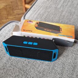 Selling a speaker. The functions on speaker are, it is wireless. Fm radio. Stereo. Sd Card and chargeable battery via USB. The colour is Blue and Black. The speaker comes I original box and with Instruction manual. The pic on the box is different colour from actual product. The speaker is in great condition. 