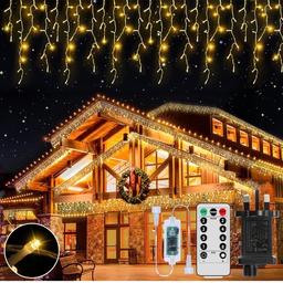Outdoor Christmas Lights, 480 LED 14.6m/48ft Icicle String Lights Plug in with Timer&8 Modes, IP65 Waterproof Hanging Fairy Lights for Indoor Holiday Home Party Wedding Decor(Warm White