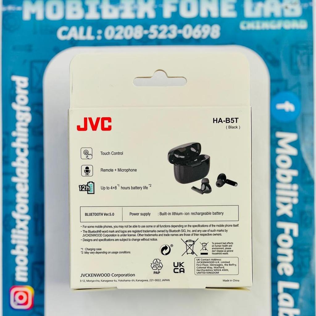 Brand New JVC HA-B5T True Wireless Earbuds Black Earpods Headset for iPhones and Samsung Models

Features:

Ultra Compact True Wireless Earphones

Secure fit, lightweight design

Compact charger for high portability

Total 12-hour battery life with charging case

4 hours of playtime (additional 3 charges with case)

Voice Assistant Compatible

USB-C connection

NO POSTAGE AVAILABLE, ONLY COLLECTION!

Any Questions....!!!!
***
Please Feel Free To Contact us @
0208 - 523 0698
10:30 am to 7:00 pm (Monday - Friday)
11:00 am to 5:30 pm (Saturday)

Mobilix Fone Lab Chingford
67 Chingford Mount Road,
Chingford , London E4 8LU