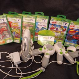 Leap TV and 6 games, 2 controllers and motion detection for interactive play. Ideal first gaming experience for young children to play and learn with loved characters, my son loved it. Like new condition, Instructions included however no box.