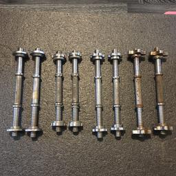 Hi. For sale 4pairs (8pcs) dumbbells bars with spin locks / 35£
OR 
1pairs (2pcs) / 10£ 
Collect B23
Thanks