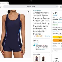As shown this is a one piece woman’s swimsuit in Navy Blue contrasted with pink and turquoise.

RRP over £32 so grab an absolute bargain.

Available for collection from Leigh WN7 1