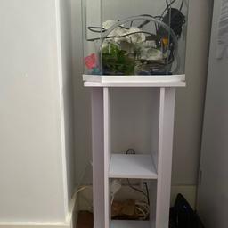 White glass fish tank with stand
Used but in very good working condition 
I have washed it all 
Welcome to have accessories inside 
Also a filter and thermometer in working condition inside for tropical fish 
Cleaning pump inside with net 
Different rocks 
Open to reasonalbe offers