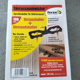 Terrassenmeister 4 mm Distanz- und Abstandshalter von ferax.
4 Kartons je 100 Stück.
Alle neu und unbenutzt.
Zusammen oder einzeln abzugeben zu je 15 pro Karton.