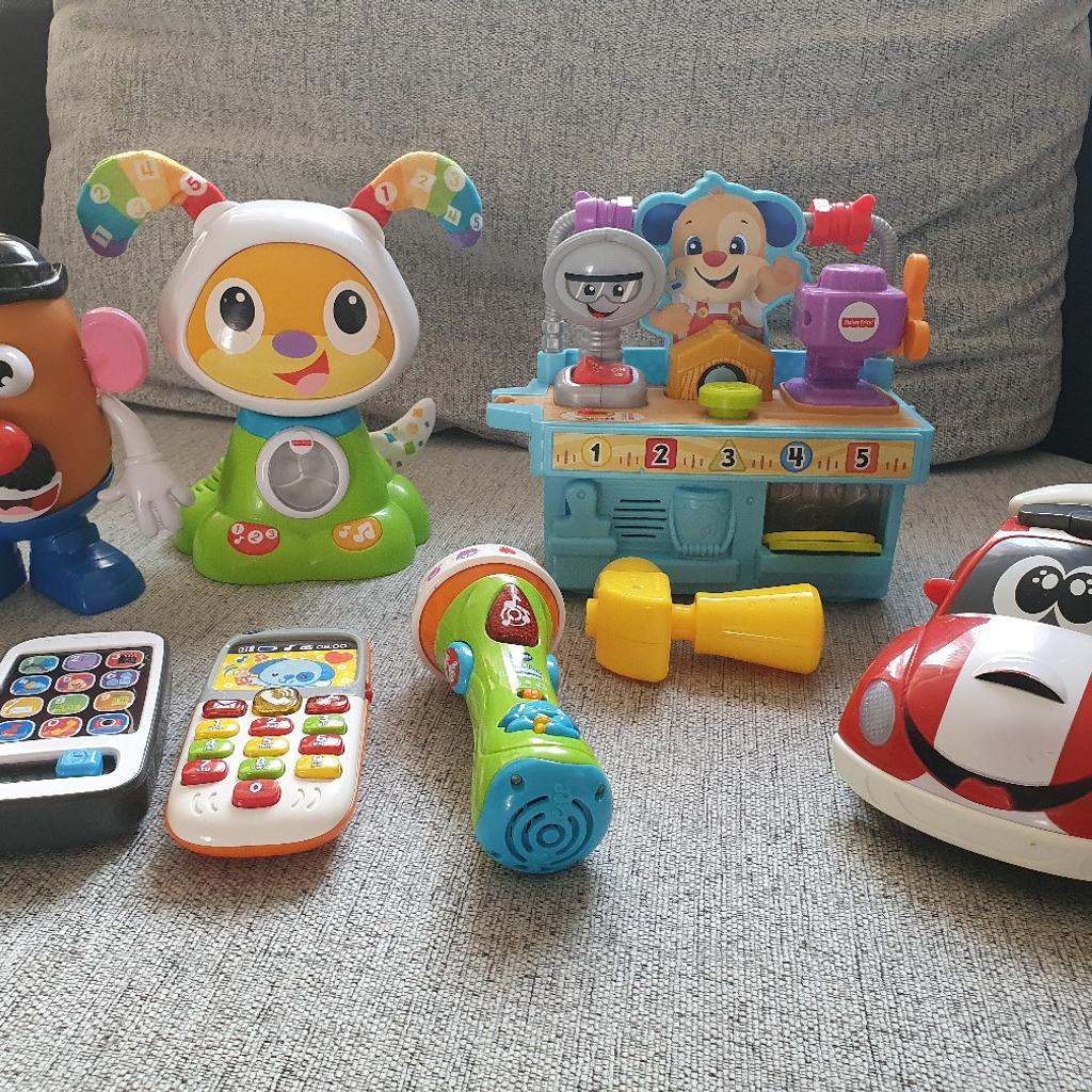 For sale 7 toys in good and working condition
-Fisher Price Learning Tool Bench- working condition but there is missing one square part with number 2
- Fisher Price Phone- working condition
- Mr potato
-Fisher Price dance and move beatbowwow
-Vtech My 1st smart phone
-Vtech sing along microphone
- Chicco car - working condition