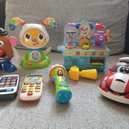 For sale 7 toys in good and working condition
-Fisher Price Learning Tool Bench- working condition but there is missing one square part with number 2
- Fisher Price Phone- working condition 
- Mr potato
-Fisher Price dance and move beatbowwow
-Vtech My 1st smart phone
-Vtech sing along microphone
- Chicco car - working condition