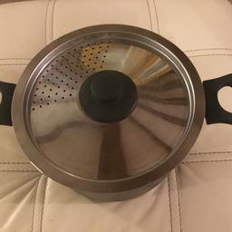 Large saucepan with lid that has holes in for straining the liquid out