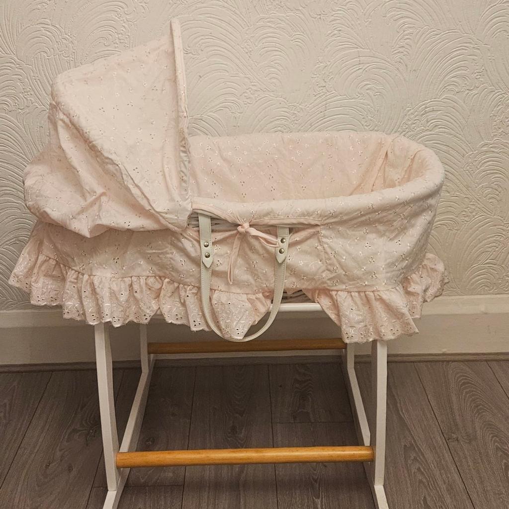 White wooden Moses basket and stand (the stand has got some scratch on but doesnt affect its usage)
Pink moses basket bedding with cover (not been used for long)
Matteress on used for 4 weeks, like new
All been washed
From pet and smoke free home
Collection only

No offers