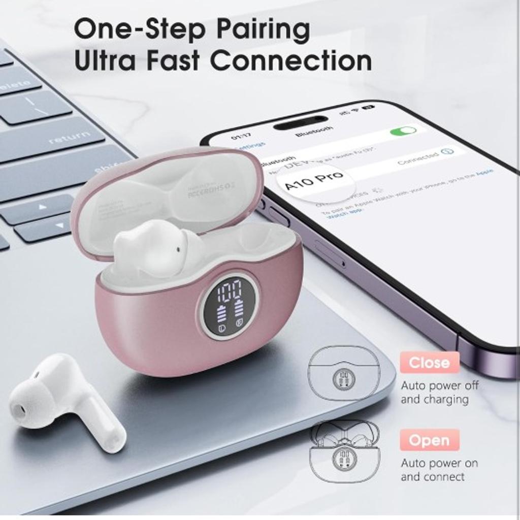 Wireless Earbuds, 50Hrs Playtime Bluetooth Earbuds Built in Noise Cancellation Mic with Charging Case, Bluetooth Headphones with Stereo Sound, IPX7 Waterproof Ear Buds for iPhone Android（Rose）