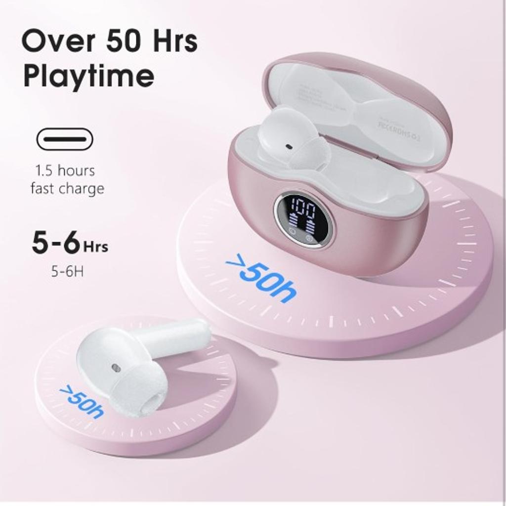 Wireless Earbuds, 50Hrs Playtime Bluetooth Earbuds Built in Noise Cancellation Mic with Charging Case, Bluetooth Headphones with Stereo Sound, IPX7 Waterproof Ear Buds for iPhone Android（Rose）