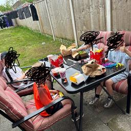 Patio set with 5 chairs, cushions and parasol with stand free if anyone wants it. Will need a good clean been out in the rain. Pick up only