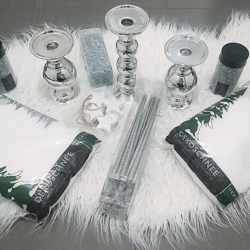Neu Silber-Weiss •Dekoschnee•Spiegelgranulat•Weihnachtssterne•Kerzenhalter•3D Stern•Lichterkette