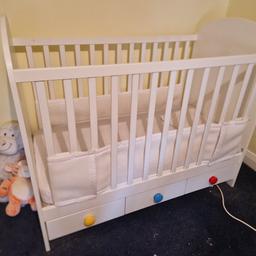 Ikea Gonatt cot

Comes with 3 drawers as seen in pictures. Cot has served us great through two kids but now both have outgrown it. Some minor cosmetic scuffs, but on the whole still pretty good condition and certainly will serve someone else really well.

Cot is approx 140x70cm, Mattress is 60x120cm and height can be adjusted.

Link to ikea website:
https://www.ikea.com/gb/en/p/gonatt-cot-with-drawer-white-90467089/

Fully disassembled ready for collection.

NB - mattress not included, unless so