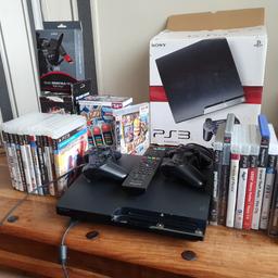 PS3 SLIM 120GB, with Original accessories and box, also has  the instruction manual, all cables are here and there are 2 joy pads included, Also a remote control which was an extra Originaly, 
It also comes with 26 games! please see the pictures provided. 
bargain for Someone!