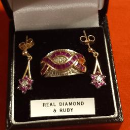 9ct gold Ruby & Diamond 💎 ring & earrings,  ring size N-O both fully stamped and good condition,  any questions please ask