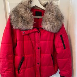good condition river island padded jacket has detachable fur hood nice n warm bright red size L so around 16/18