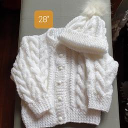 DESIGN Z ARAN White
3/4 yr 28" Girls please ask for your colour bigger sizes to order check sizes beĺow

Deposit £5 Time of Order non Refundable
Order your Colour Size for boy or girĺ
Check if in stock
SIZES BELOW

Crew Neck Cardigan Hat pom pom
0/3m C20" L9" Sl 6" £15
6/9m C22" L10" Sl 7" £16
1/2 yr C24" L11" Sl 8" £17
2/3 yr C26" L1 2" Sl 9" £19
3/4 yr C28" L14 Sl 10" £20
4/5 yr C30" L15 Sl 11" £23
5/6 yr C32" L16 Sl 12" £25
6/7 yr C32" L17" Sl 14"£26
HATS ONLY
Hats 20" 22" £6.50
Hats 24"26"28" £7.50
Postage will be £3.20 Check out my other Hand knitted items on sale.