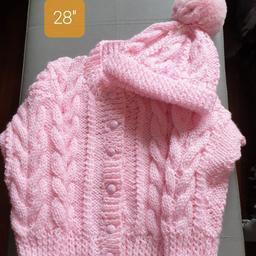 DESIGN Z ARAN Pink
3/4 yr 28" Girls please ask for your colour bigger sizes to order check sizes beĺow

Deposit £5 Time of Order non Refundable
Order your Colour Size for boy or girĺ
Check if in stock
SIZES BELOW

Crew Neck Cardigan Hat pom pom
0/3m C20" L9" Sl 6" £15
6/9m C22" L10" Sl 7" £16
1/2 yr C24" L11" Sl 8" £17
2/3 yr C26" L1 2" Sl 9" £19
3/4 yr C28" L14 Sl 10" £20
4/5 yr C30" L15 Sl 11" £23
5/6 yr C32" L16 Sl 12" £25
6/7 yr C32" L17" Sl 14"£26
HATS ONLY
Hats 20" 22" £6.50
Hats 24"26"28" £7.50
Postage will be £3.20 Check out my other Hand knitted items on sale.