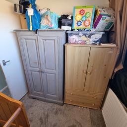 two children's wardbrobes one is solid wood has some stickers inside and a stain on the outside but can't be seen. seeling due to re doing babies room before January


Grey solud wood wardrobe 

H 154cm 
D 50cm
W 86cm

Wood wardrobe 
H  133cm 
D 51 cm
W 76cm 