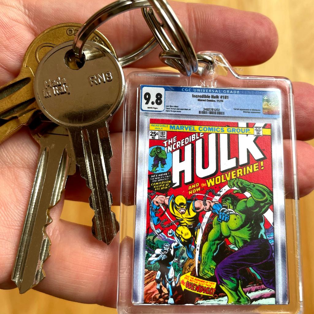 ComicKeys, are miniature graded comic slabs on a keyring! You can choose any comic from the list, or choose any custom comic, grade and label of your own. - See second picture for full info!
ComicKeys are faithful representations of the real thing. Correct front and back cover plus label information.

- Pick a comic from our list or choose your own comic, label and grade.
- Choose the items and sizes you want
- Send us your order.

All items are made to order and are usually dispatched within 2 days and can be either posted or collected in person. Pokemon Keyrings are also available!