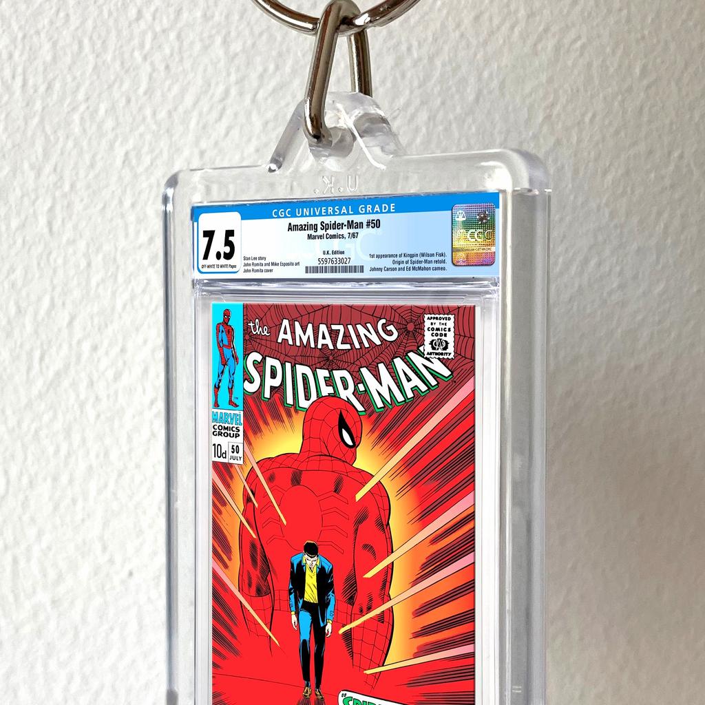 ComicKeys, are miniature graded comic slabs on a keyring! You can choose any comic from the list, or choose any custom comic, grade and label of your own. - See second picture for full info!
ComicKeys are faithful representations of the real thing. Correct front and back cover plus label information.

- Pick a comic from our list or choose your own comic, label and grade.
- Choose the items and sizes you want
- Send us your order.

All items are made to order and are usually dispatched within 2 days and can be either posted or collected in person. Pokemon Keyrings are also available!
