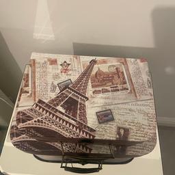 Two vintage display suitcases with printing of Paris Eiffel tower. In good condition.