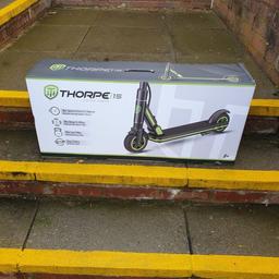Brand New unused or opened.

Thorpe 15 Electric Scooter

Power up with the Thorpe 15 eScooter. The single-braking system, sleek design and powerful lithium battery are made for performance – packed into one electric scooter.

Speed & Performance
Thorpe 15 electric scooters can reach speeds of up to 15 km/h. Every detail of this electric scooter is carefully designed, from the streamlined frame to the comfortable footplate and durable wheels. Switch between the 3 speed modes to limit the maximum speed to 6 km/h, 10 km/h or 15 km/h.

Fold & Go
This portable electric scooter has an easy-fold mechanism that packs up in a flash. To keep your Thorpe 15 eScooter in top condition, it comes with a built-in kickstand to prevent scrapes

RRP £200

Collect Bedford or MK

MA1EA Childs adults electric Bike