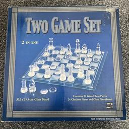 Two game set, chess and checkers
Beautiful 32 glass pieces of chess and 24 glass pieces of checkers with glass gameboard.
Glass board size 35.5x35.5 cm