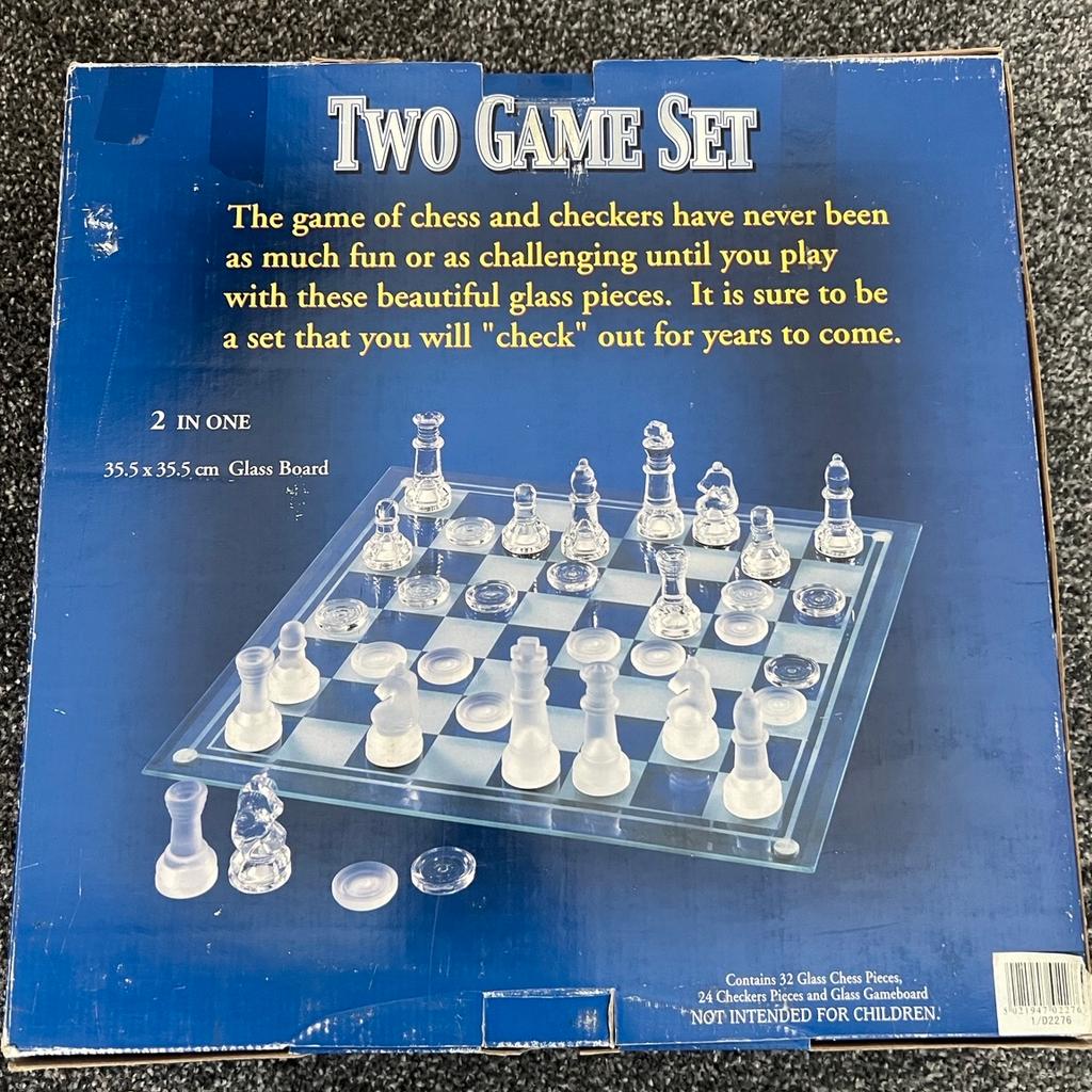Two game set, chess and checkers
Beautiful 32 glass pieces of chess and 24 glass pieces of checkers with glass gameboard.
Glass board size 35.5x35.5 cm