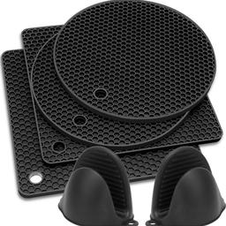 6pcs Extra Thick Silicone Table Mat with Pot Holder, 18.5cm Heat Resistant Non-Slip Hot Pot Pads Oven Mitt for Kitchen Cooking Dining Microwave, Square and Round, Black