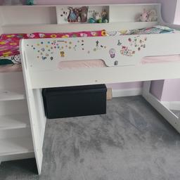 3ft Bed Frame with plenty of storage options through drawers and shelving areas. Comes with instructions.

A - Height: 138 cm
B - Length: 196 cm
C - Width: 135 cm
D - Distance from Floor to Top of Ladder: 54.5 cm
Comes without the mattress and the stickers will be removed. Collection only. The bed will be dismantled.