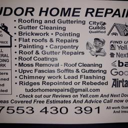 roofing and gutters services 
flat roof and repairs 
gutters cleaning 
pointing and repointing 
ridges repointed or rebeded 
call us on
07553430391