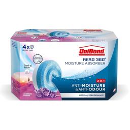 Unibond AERO 360° Moisture Absorber Lavender Garden Refill Tab, 4x450g

Create a healthy indoor climate! With innovative 2-in-1 technology, the AERO 360° Neutral Refill Tabs not only absorb excess moisture but also neutralise bad odours. The wave-shaped tabs are long-lasting - 1 to 3 months in normal room conditions depending on temperature and humidity, and the advanced moisture absorption with ultra-absorbent crystals and patented anti-odour agents means the air you breathe will be healthy.