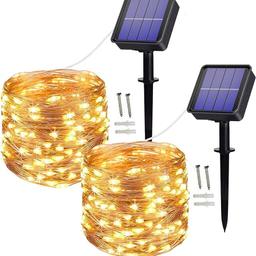[2 Pack]Outdoor Solar Garden Lights, Ooklee Solar Fairy String Light, 10M 100LED. 

Features & details
【8 Modes and Upgrade Battery】 The solar outdoor string lights has 2 switches (Power ON/OFF, Mode changing), press mode button selects 8 different modes to satisfy your diverse needs. Upgraded Solar Panel to more efficient exchange rate and HIGH battery capacity which increases to 800MaH, 6-8 hours charging in the daytime can provide 8-14 hours working time in the night.
【Garden Lights Solar Powered Waterproof】 Both the string lights and the solar panel are IP44 Waterproof. No worry to use them in the rain.
【Energy-saving & Eco-friendly】solar powered string lights, avoiding high electricity bills. During the day, high-efficiency solar panels convert sunlight into electricity and store it in a built-in rechargeable battery, and then the string of lights will automatically light up at night.
【Multi-application scenarios】 These christmas lights are a great decorative accessory to illumina