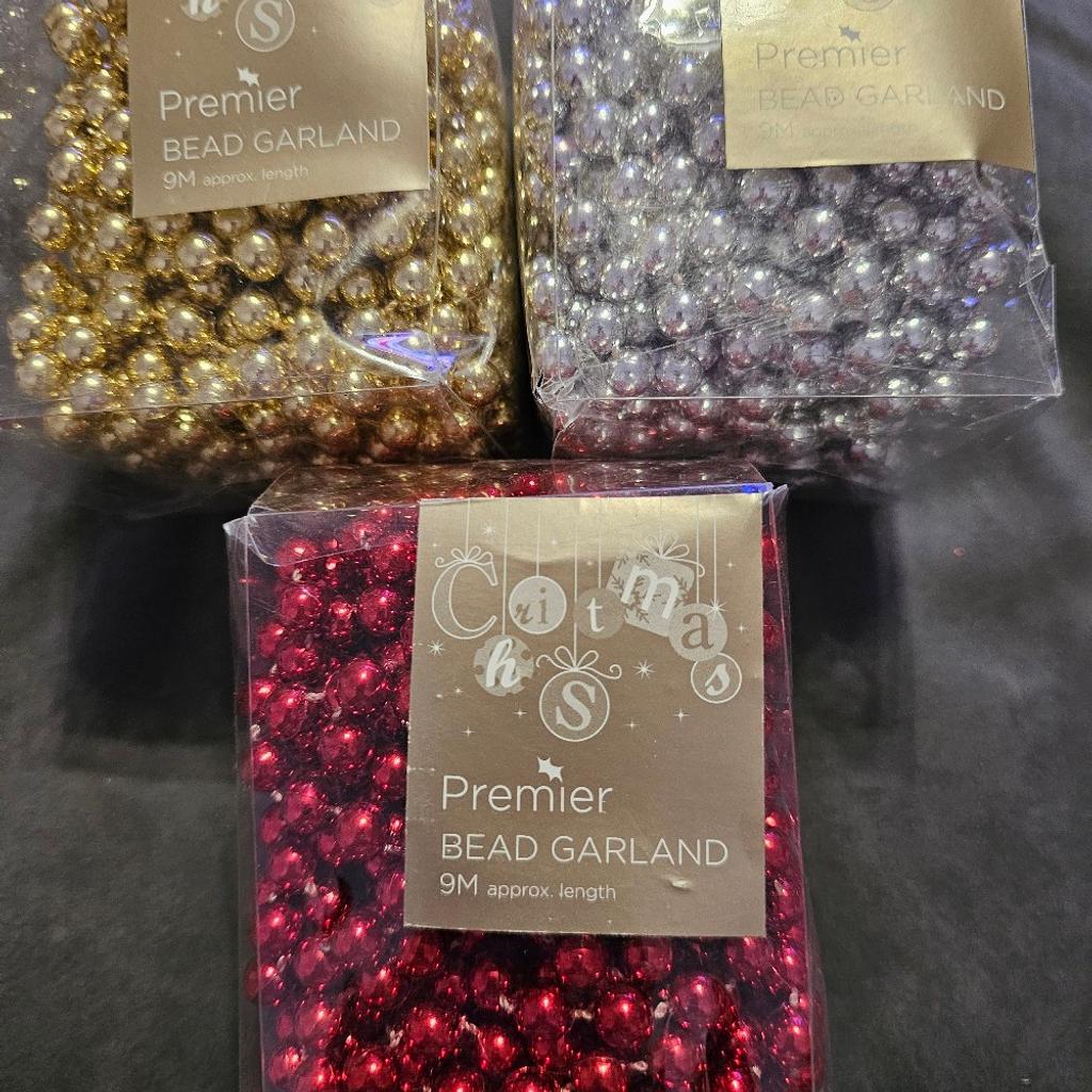 Brand New
3 x 9 M Bead Garlands
1 x Red
1 x Gold
1 x Silver