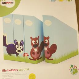 Krooom Set of 4 Animal Storage Organiser Holders. File Holders for Children’s room NEW (more than 1 set available if you need more to match)

Each file 3.1"W x 9.4"D x12"H (8cm x 24cm x 30.5cm) 4 files per pack

These cute colourful and animal themed file holders are not just great for toddlers but adults too.
Made from durable, high quality, reinforced cardboard with a high gloss lamination finish, these are perfect to store magazines, books and files and general paperwork. They are lightweight so easy to move and store away, yet incredibly strong
Collect from WN7 (Leigh, Greater Manchester) or can be posted add £3.99 p&p