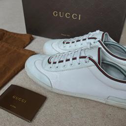 Gucci White Trainers.

> GENUINE. Model 233321, Guccissima Imprint Imprimee
> Boxed with Dust Bag
> Size UK 10.5 G
> Purchased from a Harvey Nichols in December 2021.
> These are used and there are signs of use/wear around these trainers.
> Canvas upper with leather overlays.
> Rubber outsole.
> Supplied without shoe trees.