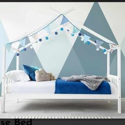 This super cool white wooden bed frame features funky crossover framework, which is perfect for accessorising with buntings, lights, vines or drapes!

This bed frame is a full-size single bed, and sit's low to the ground making it an ideal 'first big bed' for toddlers and young children.

The opportunities are endless to create a fun play environment for your kids, who will definitely look forward to bedtime. Create a cool bedroom hideaway, and allow your child's imagination to take flight!
This is brand new in box and retails for £179.99 I'm selling for £120 why not check out my other items for sale
