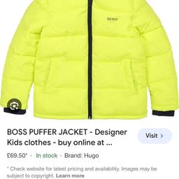 Boys hugo boss yellow reflective coat
hooded logo
age 5
needs a wipe down
very thick and warm coat
payed £105 for it. 
Collection Wednesbury