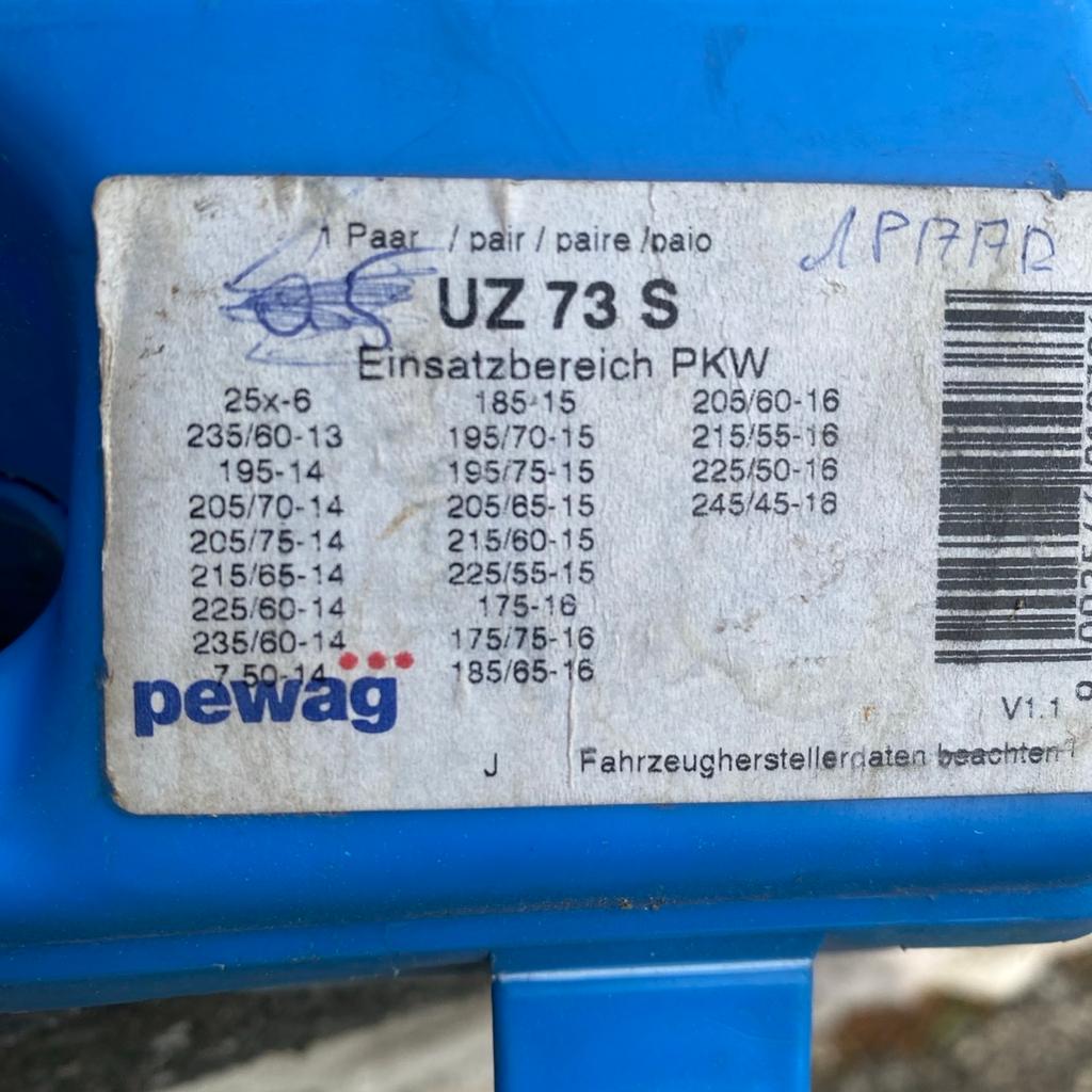 Verkaufe 2 mal verwendete Pewag Schneeketten UZ 73 S

Die Ketten die schnell aufgelegt sind und auch höhere km/H aushalten
Ketten für Profis
Versand 8€
