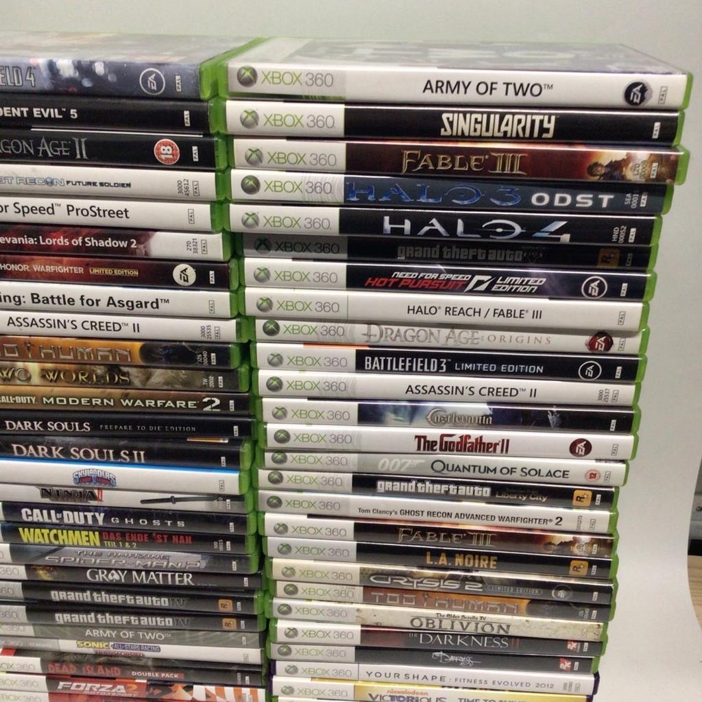 Battlefield 4: 7€
Resident Evil 5: 10€
Dragon Age 2: 7€
Tom Clancys Ghost Recon 4: 5€
NFS Pro Street: 6€
Castlevania Lords of Shadow 2: 15€
Medal of Honor Warfighter: 9€
Viking Battle of Asgard: 7€
Assassins Creed 2: 8€
Too Human: 5€
Modern Warfare 2: 10€
Dark Souls 1: Prepare to Die Edition: 10€
Darksouls 2: 10€
Skylanders Swap Force: 6€
Ninja Gaiden 2: 10€
Call of Duty Ghosts: 9€
Watchmen Das Ende ist Nah Teil 1+2: 15€
The Amazing Spiderman 2: 20
Gray Matter: 15
GTA IV: 8
Army of Two: 10
Dead Island Double Pack: 10
Sonic Sega All Stars Racing: 10
Forza 2: 7
PGR2: 7
Singularity: 6
Fable 3: 10
Halo Odst: 10
Halo 4: 10
GTA V:10
NFS Hot Pursuit: 10€
Halo Reach Fable 3 double pack: 10€
Dragon Age Origins: 5€
Castlevania: 10€
The Godfather 2: 10€
007 Quantum of Solace: 10€
GTA Liberty City: 7€
Tom Clancys Ghost Recon Advanced 2: 5€
LA NOIRE: 10€
The Elder Scrolls Oblivion: 8€
The Darkness 1+2 je :7€
Your Shape Fitness: 9€
Victorious: 2€
Bioshock Elder Scrolls Pack: 15€
Dead or Alive 4: 12€