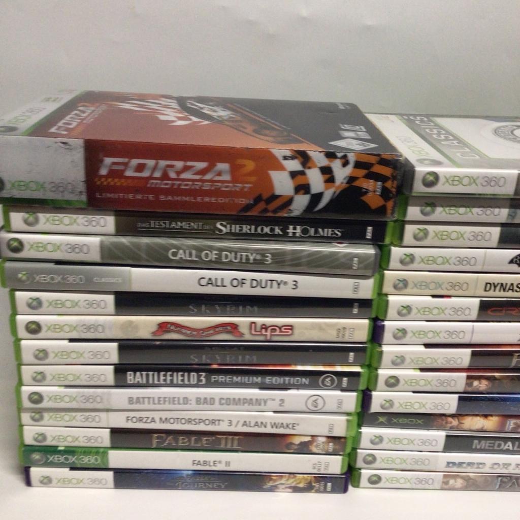 Forza 2 Motorsport Collectors Edition: 15€
Das Testament des Sherlock Holmes: 15€
Call of Duty 3: 7€
Skyrim: 9€
Number One Hits LIPS: 10€
Battlefield 3 Premium Edition: 7€
Forza Motorsport 3/Alan Wake Double Pack: 10€
Fable 3: 8€
Fable the Journy: 3€
Rockstar Games Tischtennis Classic: 5€
Arcania Gothic 4: 7€
Darksiders 2: 7€
Batman Arkham City: 7€
Dynasty Warriors 8: 10€
Crysis 3 Hunter Edition: 6€
Fable 2: 6€
Medal of honor: 5€
Dead Or Alive Extreme 2: 13€