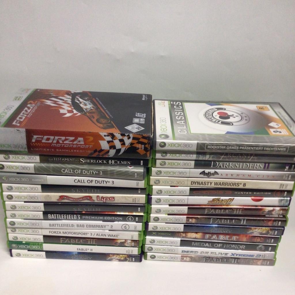 Forza 2 Motorsport Collectors Edition: 15€
Das Testament des Sherlock Holmes: 15€
Call of Duty 3: 7€
Skyrim: 9€
Number One Hits LIPS: 10€
Battlefield 3 Premium Edition: 7€
Forza Motorsport 3/Alan Wake Double Pack: 10€
Fable 3: 8€
Fable the Journy: 3€
Rockstar Games Tischtennis Classic: 5€
Arcania Gothic 4: 7€
Darksiders 2: 7€
Batman Arkham City: 7€
Dynasty Warriors 8: 10€
Crysis 3 Hunter Edition: 6€
Fable 2: 6€
Medal of honor: 5€
Dead Or Alive Extreme 2: 13€