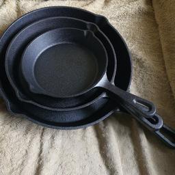 Set of good quality Cast Iron (heavy) Frying Pans/skillets. Suitable for use on Barbeques,Fire pits,Open/Camp fires,Wood fired ovens,Pizza ovens and suitable for use on all domestic cookers,Induction,Gas and Electric. These are in new condition having been purchased and stored away. Collection is from Stevington MK43. I can deliver within reason for fuel cost. Postage is available at £7.50p tracked.