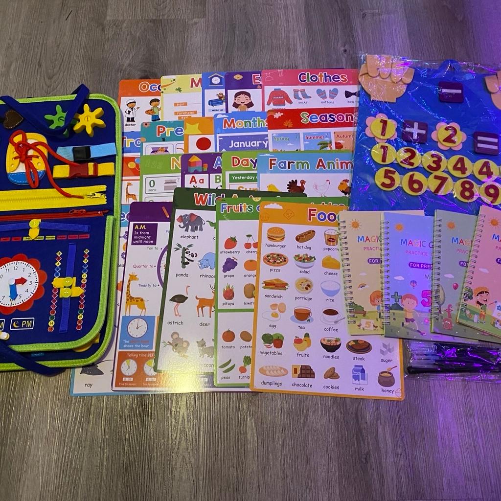 ❤️ REDUCED FOR THIS WEEKEND ONLY, WAS £20 NOW £18 ❤️

All items are brand new. Bundle includes

20 laminated English learning posters size 21x29.7cm

4 reusable magic calligraphy, copy writing books. 1 Maths, 1 Drawing, 1 Numbers and 1 Alphabet book all Size 13x19cm. These books come with magic pen, pen grip and pen refills. Children copy, write, draw in the books then after so long the ink
Disappears and can be repeated time and time again.

1 busy board in navy blue which learns children all their motor skills such as tying laces, fastening belts, using zips fastening and unfastening buttons and other skills that children need to learn.

Also included is a felt learn to do maths game with Velcro fingers that help learn to count.

I have 2 sets of these available.
Ideal present for small children.

Collection from Blackburn Bb1. May be able to deliver in Blackburn for small fuel fee.