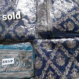 4 piece heavy embroidery wonderful suits comes with lining, trouser and dupatta £12 each 2 for £22 (4 colour)
3 navy blue and 1 light blue 1 sold 3 left
Perfect for any occasion, weddings gifts, birthday party/gift etc