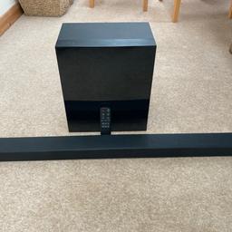 Good entry level soundbar with wireless sub woofer. Can connect via HDMI ARC, Optical, Bluetooth or standard aux. Comes with all cables and a remote. Works perfectly.
