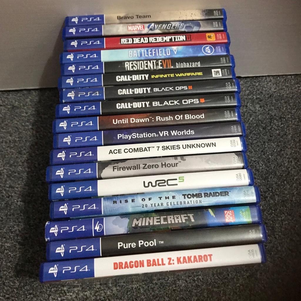 Ps4 18 games all in good condition
Game list:
Call of duty 3
Call of duty 4
Call of duty infinite warfare
Minecraft
Rush of blood
Ace combat7 skys unlimited
Dragon ball z karkot
Bravo team
Marvel avengers
Red dead redemption 2
Battlefield 5
Resident evil
PlayStation vr world
Firewall zero hour
Wzc 5
Rise of the tomb raider
Pure pool
NO TIME WASTERS